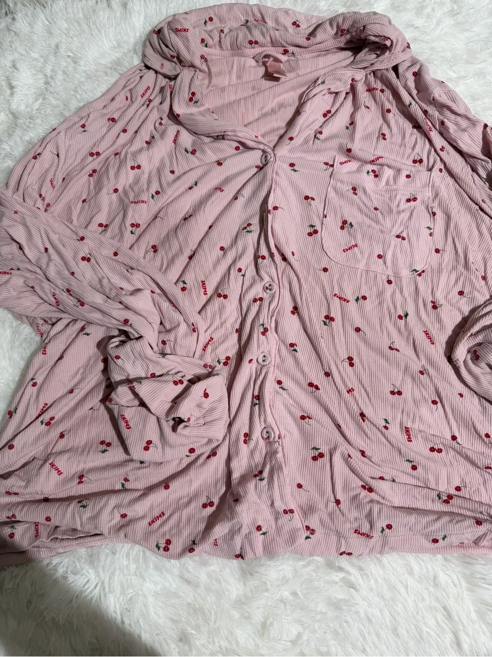 SKIMS 2X Cherries Print Pajama Sleep Matching Set Long Sleeve Pants Ribbed Soft